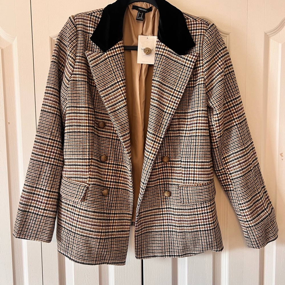 Forever 21 Plaid Double-Breasted Blazer with Black Velvet Collar